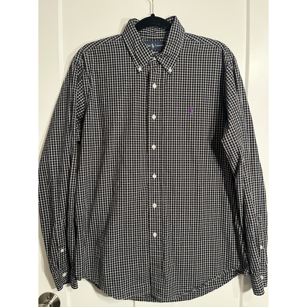 Ralph Lauren Custom Fit Mens Large Black White Check Button Down Shirt Purple Po